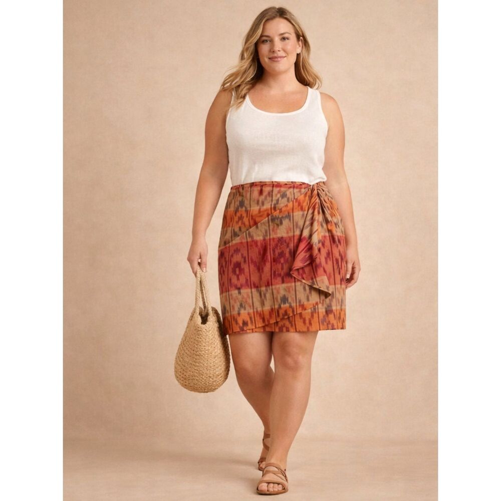 Lauren Ralph Lauren Skirt 22W Wrap Ikat Linen Cotton A-Line Ruffle Vacation NWT